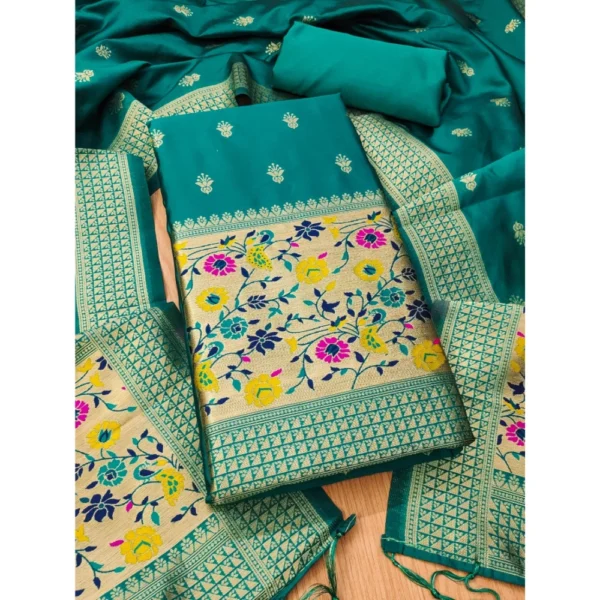 Rama Green Banarasi Silk Unstitched Salwar Suit Material with Dupatta