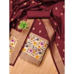 Generic Women's Banarasi Silk Printed Unstitched Salwar Suit Material With Dupatta (Maroon, 3Mtrs) - Image 4