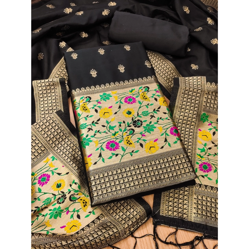 Black Banarasi Silk Unstitched Salwar Suit Material with Dupatta