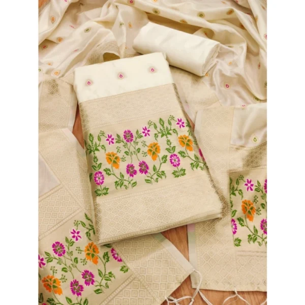 White Banarasi Silk Salwar Suit Material