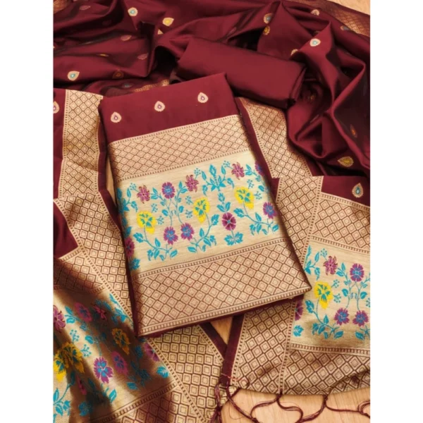 Maroon Banarasi Silk Unstitched Salwar Suit Material with Dupatta