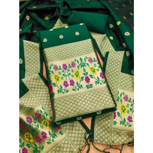 Bottle Green Banarasi Silk Unstitched Salwar Suit Material with Dupatta