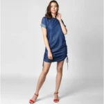 Generic Women's Denim Solid Close Neck Short Sleeve Dress (Blue)