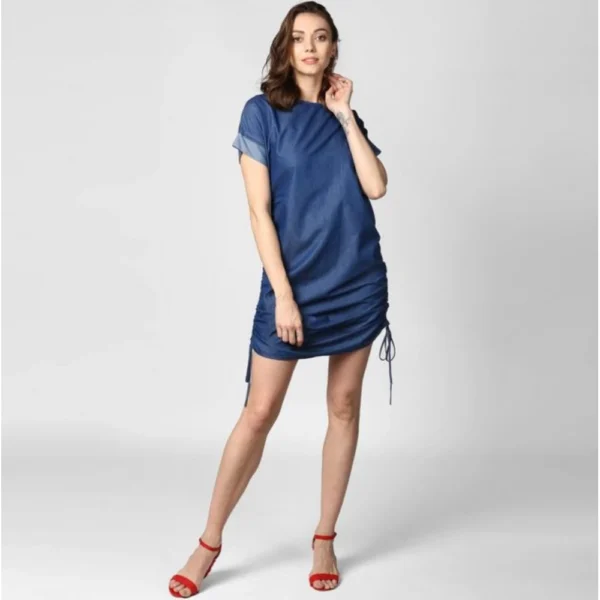 Generic Women's Denim Solid Close Neck Short Sleeve Dress (Blue)