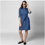 Generic Women's Denim Solid Collar Neck Roll Up Sleeve Dress (Blue) - Image 3