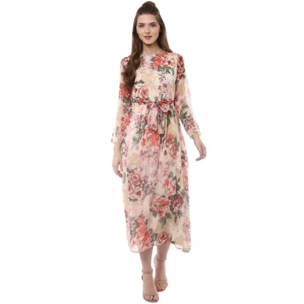 Generic Women's Chiffon Floral Round Neck Long Sleeves Dress (Multicolor)