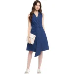 Generic Women's Denim Solid Collar Neck Sleeveless Dress (Blue) - Image 3
