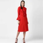 Generic Women's Polyester Ruffled Close Neck Long Sleeves Dress (Red) - Image 4