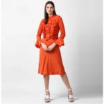 Generic Women's Polyester Ruffled Close Neck Long Sleeves Dress (Orange)