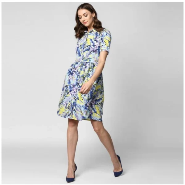 Generic Women's Polyester Floral Collar Neck Short Sleeve Dress (Blue-Yellow)