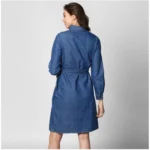 Generic Women's Denim Solid Collar Neck Roll Up Sleeve Dress (Blue) - Image 4