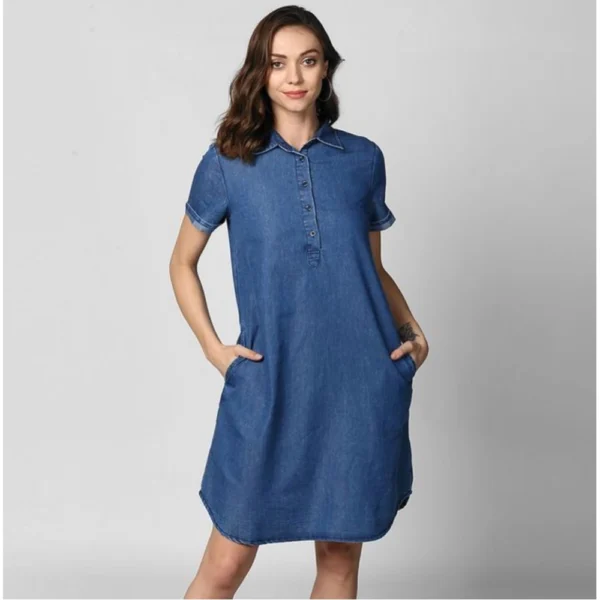 Generic Women's Denim Solid Collar Neck Short Sleeve Dress (Blue)