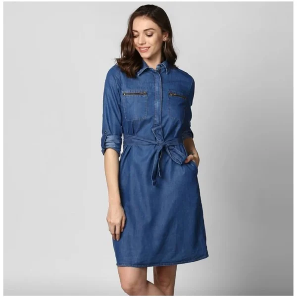 Generic Women's Denim Solid Collar Neck Roll Up Sleeve Dress (Blue)