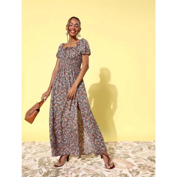 Generic Women's Polyester Moss Floral Square Neck Puff Sleeve Dress (Multicolor)