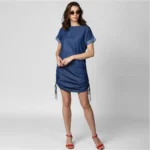 Generic Women's Denim Solid Close Neck Short Sleeve Dress (Blue) - Image 3
