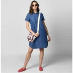 Generic Women's Denim Solid Collar Neck Short Sleeve Dress (Blue) - Image 3