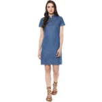 Generic Women's Denim Solid Tie-Up Neck Short Sleeve Dress (Blue) - Image 3