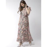 Generic Women's Polyester Floral Round Neck Flutter Dress (Multicolor)