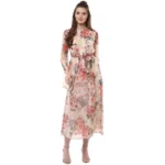 Generic Women's Chiffon Floral Round Neck Long Sleeves Dress (Multicolor) - Image 3