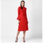 Generic Women's Polyester Ruffled Close Neck Long Sleeves Dress (Red)