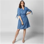 Generic Women's Denim Solid V-Neck Tie Ups Dress (Blue) - Image 3
