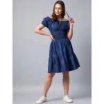 Generic Women's Denim Solid Off-Shoulder Short Sleeve Dress (Blue) - Image 3