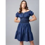 Generic Women's Denim Solid Off-Shoulder Short Sleeve Dress (Blue) - Image 4