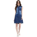 Generic Women's Denim Solid Collar Neck Sleeveless Dress (Blue) - Image 3