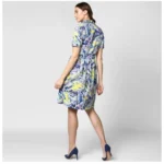 Generic Women's Polyester Floral Collar Neck Short Sleeve Dress (Blue-Yellow) - Image 4