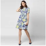Generic Women's Polyester Floral Collar Neck Short Sleeve Dress (Blue-Yellow) - Image 3