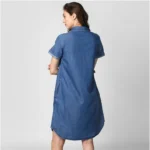 Generic Women's Denim Solid Collar Neck Short Sleeve Dress (Blue) - Image 4