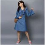 Generic Women's Denim Solid V-Neck Bell Sleeve Dress (Blue) - Image 3