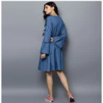 Generic Women's Denim Solid V-Neck Bell Sleeve Dress (Blue) - Image 4