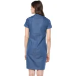 Generic Women's Denim Solid Tie-Up Neck Short Sleeve Dress (Blue) - Image 4