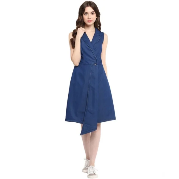 Generic Women's Denim Solid Collar Neck Sleeveless Dress (Blue)