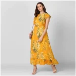 Generic Women's Polyester Floral Round Neck Butterfly Sleeve Dress (Yellow) - Image 3