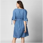 Generic Women's Denim Solid V-Neck Tie Ups Dress (Blue) - Image 4