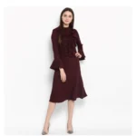 Generic Women's Polyester Ruffled Close Neck Bell Sleeve Dress (Maroon)