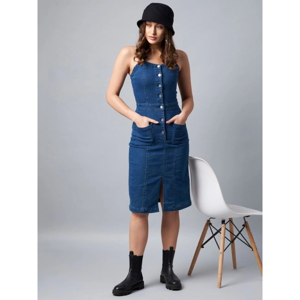 Blue Lycra Square Neck Denim Dress