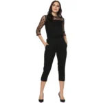 Generic Women's Polyester Self Design 3/4th Sleeve Jumpsuit (Black)