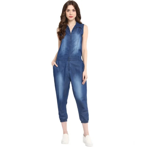 Generic Women's Denim Solid Sleeveless Jumpsuit (Blue)