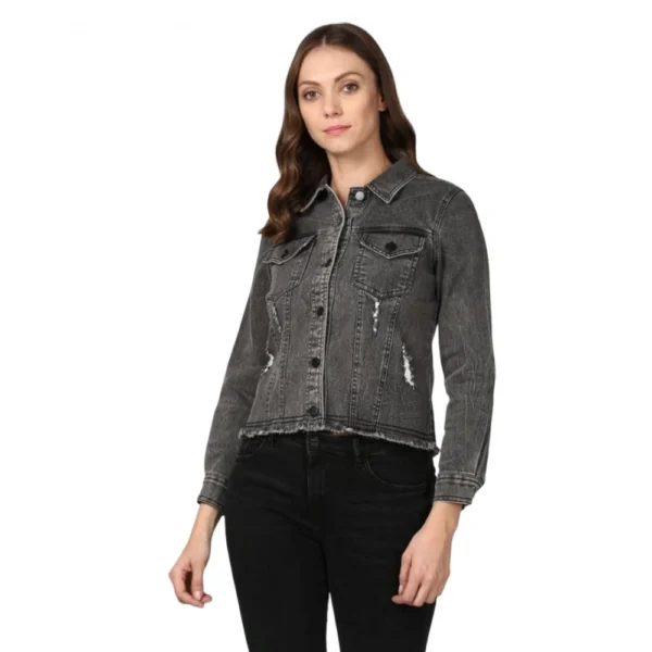 Generic Women's Denim Distressed Long Sleeve Jacket (Black)