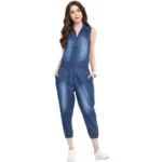 Generic Women's Denim Solid Sleeveless Jumpsuit (Blue) - Image 3