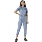 Generic Women's Denim Self Design Tie Ups Jumpsuit (Blue)