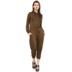 Generic Women's Rayon Solid Long Sleeve Jumpsuit (Olive)