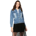 Generic Women's Denim Distressed Long Sleeve Jacket (Blue)