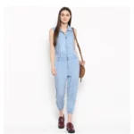 Generic Women's Denim Solid Sleeveless Jumpsuit (Blue) - Image 3