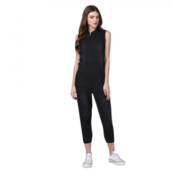 Generic Women's Denim Solid Sleeveless Jumpsuit (Black)