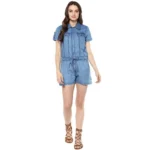 Generic Women's Denim Solid Short Sleeve Jumpsuit (Blue)