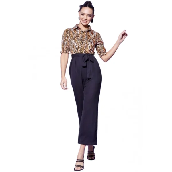 Generic Women's Polyester Animal Print Half Sleeve Jumpsuit (Orange - Black)